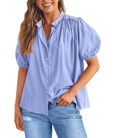 Women's Summer Button Down Shirts Short Lantern Sleeve V Neck Cotton Cute Dressy Casual Ladies Tops Blouses Light Blue $18.24...
