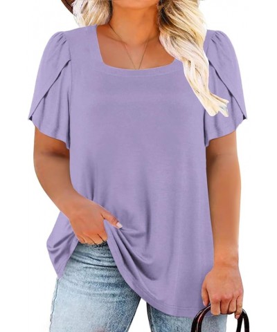 Plus-Size-Tops for Women Summer Petal Sleeve T Shirts Casual Square Neck Trendy Tunics Tee 05_light Purple $14.57 T-Shirts