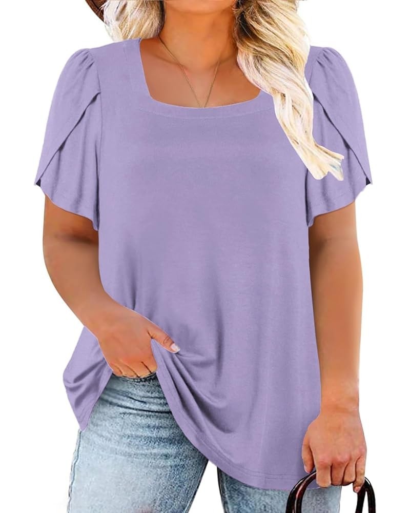 Plus-Size-Tops for Women Summer Petal Sleeve T Shirts Casual Square Neck Trendy Tunics Tee 05_light Purple $14.57 T-Shirts