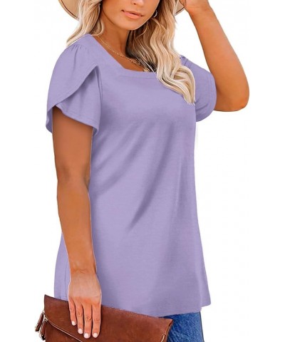 Plus-Size-Tops for Women Summer Petal Sleeve T Shirts Casual Square Neck Trendy Tunics Tee 05_light Purple $14.57 T-Shirts