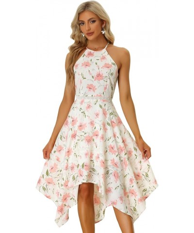 Halter Neck Sleeveless Dresses for Women's Irregular Hem Floral Dress Beige $22.38 Dresses