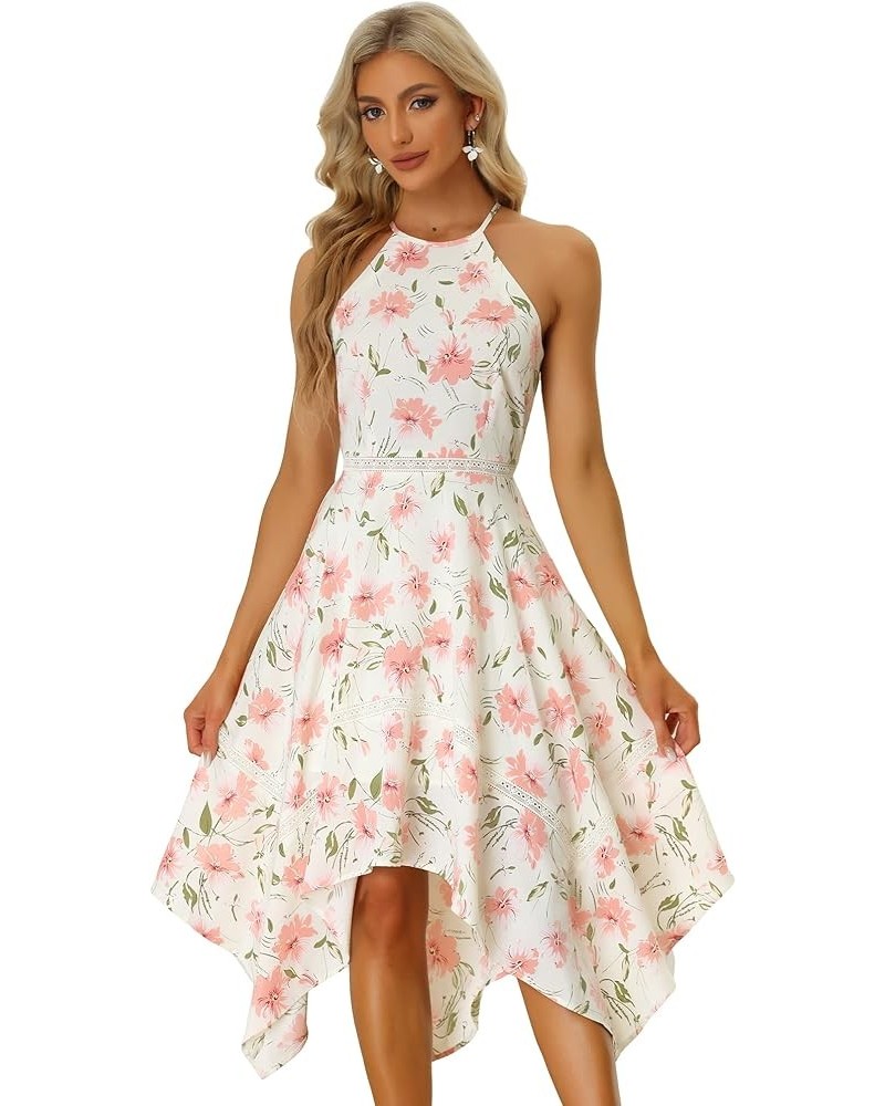 Halter Neck Sleeveless Dresses for Women's Irregular Hem Floral Dress Beige $22.38 Dresses