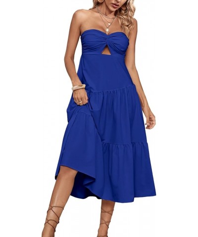 Women's Twist Front Off Shoulder Cut Out Strapless Smocked Tube Ruffle A Line Midi Dress Blue $19.78 Dresses