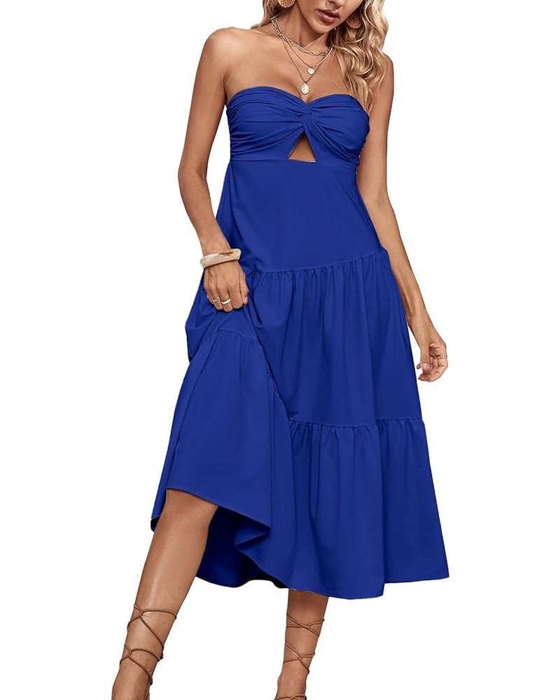 Women's Twist Front Off Shoulder Cut Out Strapless Smocked Tube Ruffle A Line Midi Dress Blue $19.78 Dresses