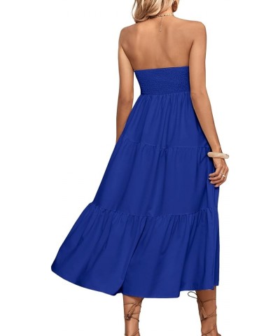 Women's Twist Front Off Shoulder Cut Out Strapless Smocked Tube Ruffle A Line Midi Dress Blue $19.78 Dresses