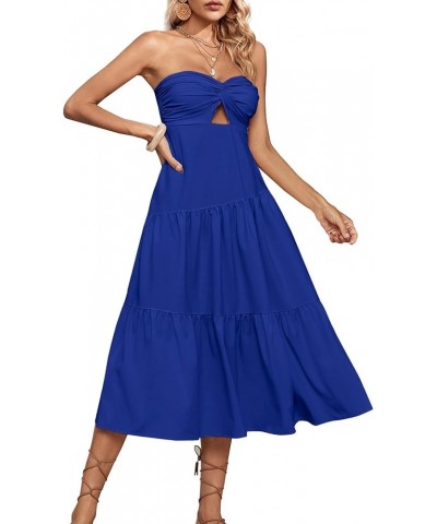 Women's Twist Front Off Shoulder Cut Out Strapless Smocked Tube Ruffle A Line Midi Dress Blue $19.78 Dresses