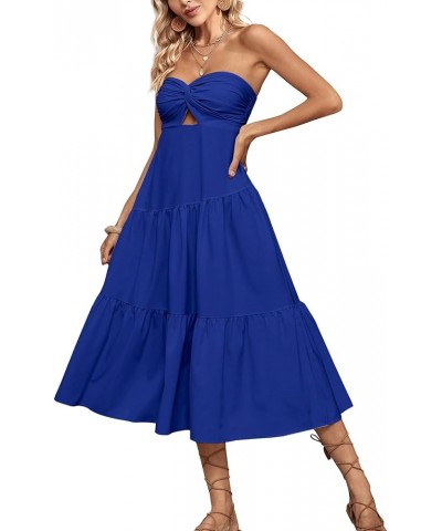 Women's Twist Front Off Shoulder Cut Out Strapless Smocked Tube Ruffle A Line Midi Dress Blue $19.78 Dresses