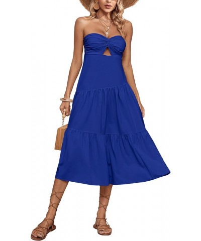 Women's Twist Front Off Shoulder Cut Out Strapless Smocked Tube Ruffle A Line Midi Dress Blue $19.78 Dresses