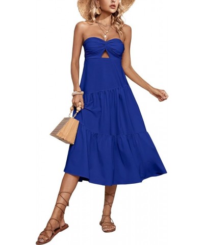 Women's Twist Front Off Shoulder Cut Out Strapless Smocked Tube Ruffle A Line Midi Dress Blue $19.78 Dresses