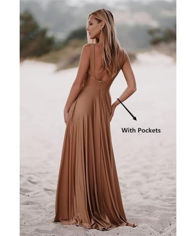 Women's V-Neck Prom Dress Long Bridesmaid Dresses with Slit Satin Evening Formal Gowns with Pockets Champagne $29.14 Dresses