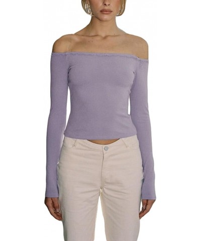 Women Y2k Off Shoulder Tops Ribbed Knit T Shirt Long Sleeve Ruched Crop Sweater Pullover Blouses Streetwear D-purple $11.98 S...