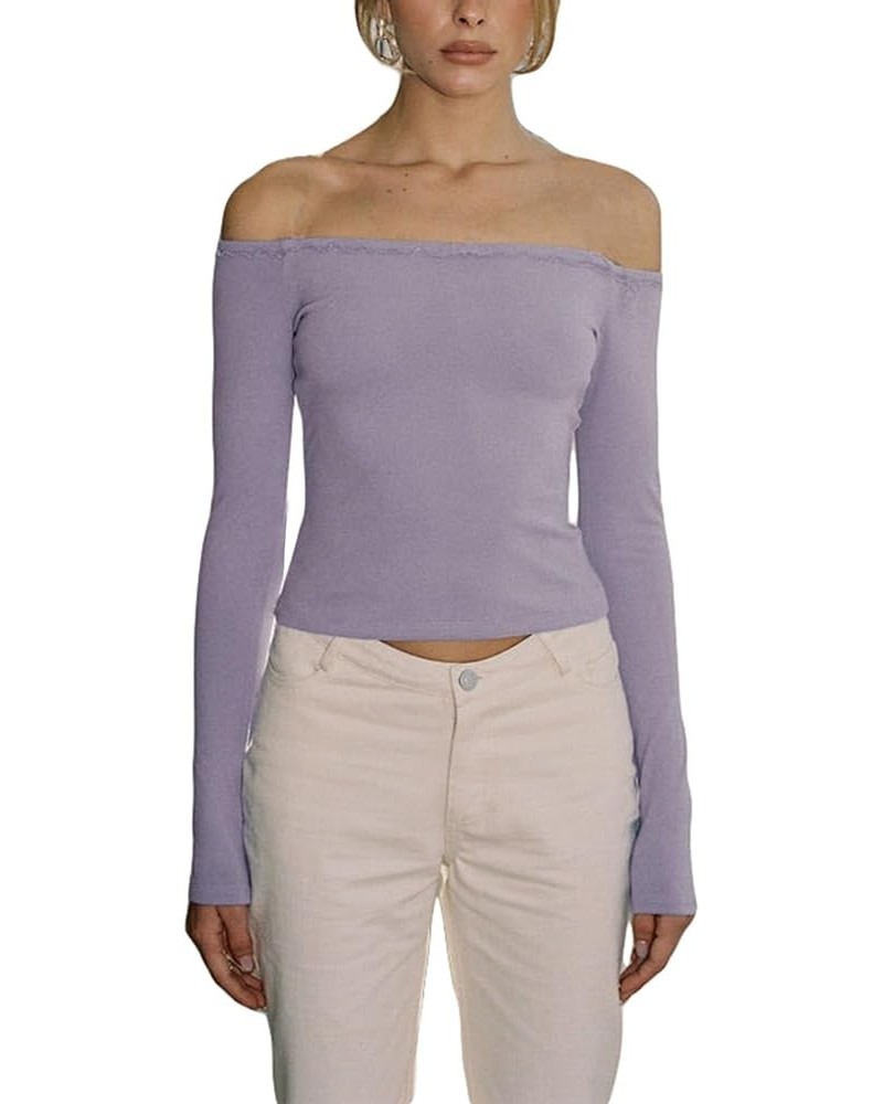 Women Y2k Off Shoulder Tops Ribbed Knit T Shirt Long Sleeve Ruched Crop Sweater Pullover Blouses Streetwear D-purple $11.98 S...