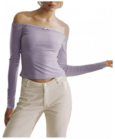 Women Y2k Off Shoulder Tops Ribbed Knit T Shirt Long Sleeve Ruched Crop Sweater Pullover Blouses Streetwear D-purple $11.98 S...