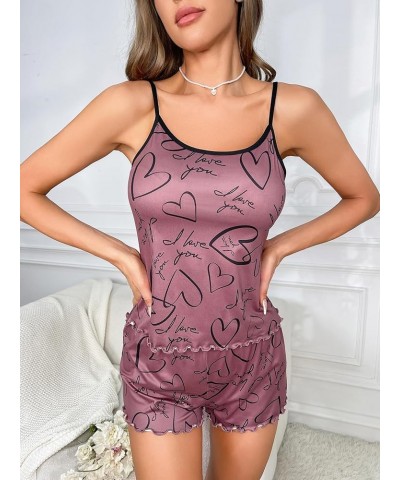 Women's Heart Print Sleepwear Lace Cami Top and Lettuce Trim Bow Knot Shorts Pajama Set Mauve Purple $13.74 Sleep & Lounge