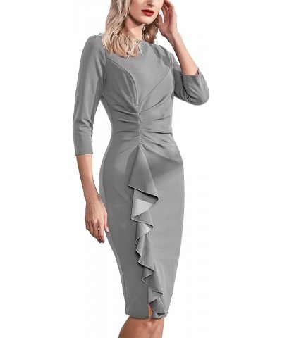 Women's Retro 3/4 Sleeve Ruched Elegant Business Pencil Sheath Dress Grey $23.50 Dresses