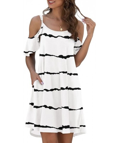 Women's Summer Casual Spaghetti Strap Sundress Dress Cold Shoulder Ruffle Sleeves Dresses with Pocket F White Stripes $10.19 ...