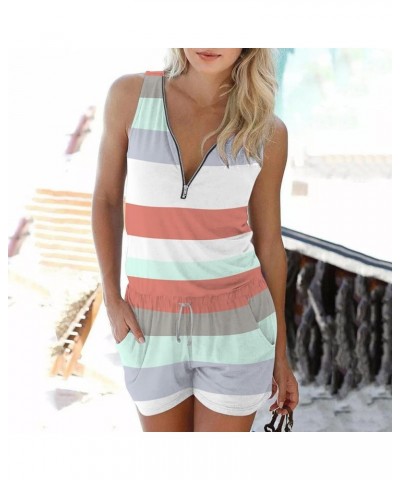 Women's Summer Short Sleeve Striped Jumpsuit Zipper V Neck Rompers with Pockets Short Pant Rompers Pajamas Loungewear Mint Gr...