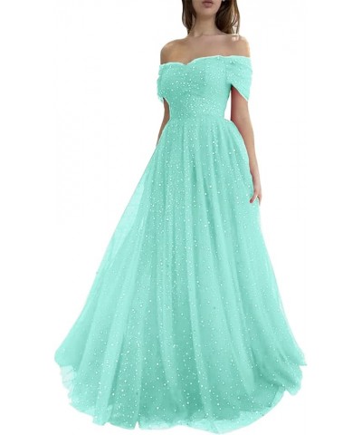 Sparkly Tulle Prom Dresses for Women 2023 Off Shoulder Pleated Formal Evening Party Gowns Mint Green $35.09 Dresses