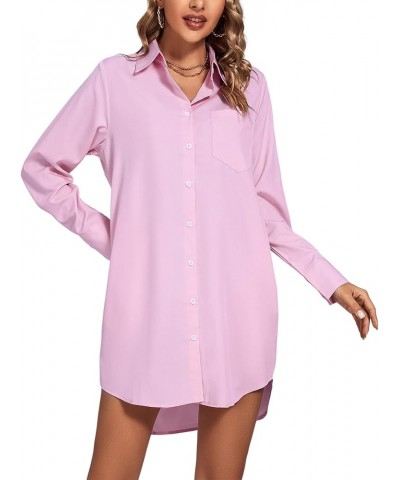 Women's Casual Collar V Neck Button Down Long Sleeve Shirt Dress with Pockets Pink $16.65 Blouses