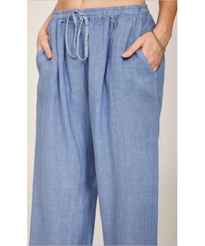 Women's Spring and Summer Drawstring High Waist Wide Leg Loose Cotton Linen Palazzo Pants with Pockets Blue $15.00 Pants