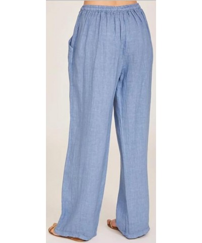Women's Spring and Summer Drawstring High Waist Wide Leg Loose Cotton Linen Palazzo Pants with Pockets Blue $15.00 Pants