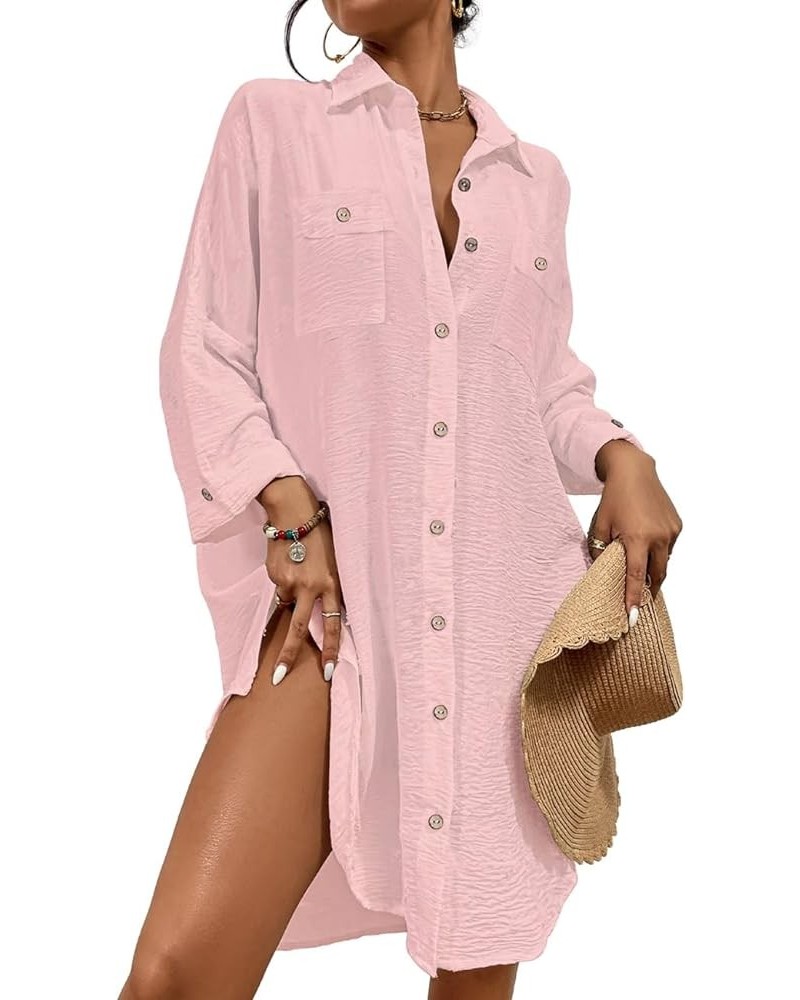 Womens Modern Swimsuit Cover Up Blouse Button Down Shirt Dresses Tops Pink $14.40 Swimsuits