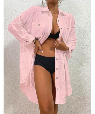 Womens Modern Swimsuit Cover Up Blouse Button Down Shirt Dresses Tops Pink $14.40 Swimsuits