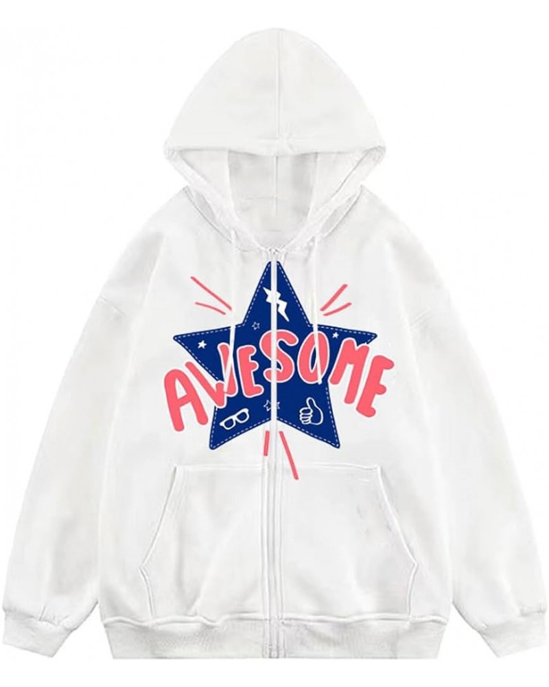 Full Zip Up Hoodie Y2k Women Men Oversized Long Sleeve Graphic Grunge Pullover Sweatshirt Teen Girl Harajuku Jacket White $16...