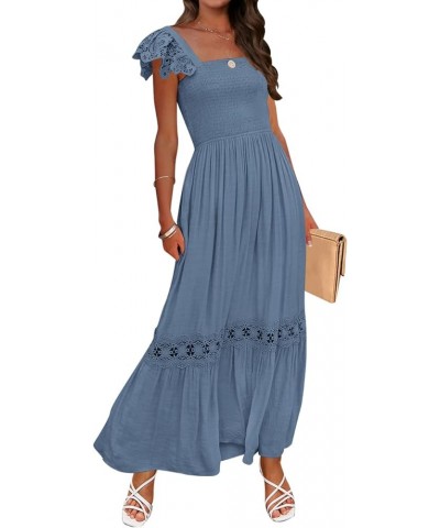 Women's 2024 Summer Lace Strap Sleeveless Square Neck Smocked High Waist Ruffle Hollow Out Flowy A Line Maxi Dress Dustyblue ...
