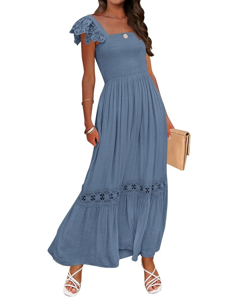 Women's 2024 Summer Lace Strap Sleeveless Square Neck Smocked High Waist Ruffle Hollow Out Flowy A Line Maxi Dress Dustyblue ...