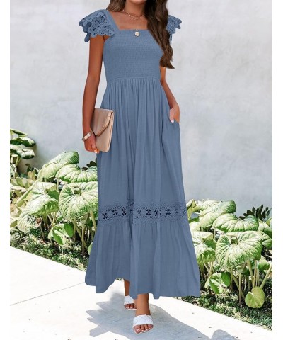 Women's 2024 Summer Lace Strap Sleeveless Square Neck Smocked High Waist Ruffle Hollow Out Flowy A Line Maxi Dress Dustyblue ...