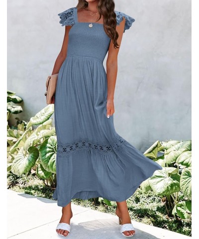 Women's 2024 Summer Lace Strap Sleeveless Square Neck Smocked High Waist Ruffle Hollow Out Flowy A Line Maxi Dress Dustyblue ...