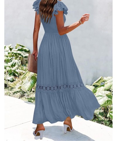 Women's 2024 Summer Lace Strap Sleeveless Square Neck Smocked High Waist Ruffle Hollow Out Flowy A Line Maxi Dress Dustyblue ...