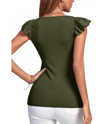 Women's Ribbed Knit Square Neck Sleeveless Tank Top Ruffle Cap Sleeve Shirt Blouse Amry Green $11.28 Tanks