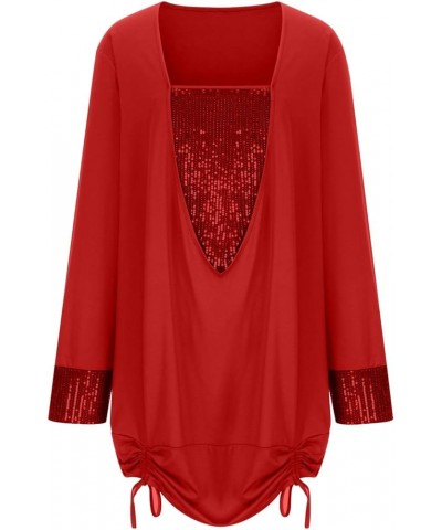 Sequin Tops for Women Long Sleeve Sparkly Tunic Shirt Draped Flowy Party Pullover Drawstring Hem Glitter Blouse B01-red $10.0...