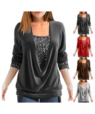 Sequin Tops for Women Long Sleeve Sparkly Tunic Shirt Draped Flowy Party Pullover Drawstring Hem Glitter Blouse B01-red $10.0...