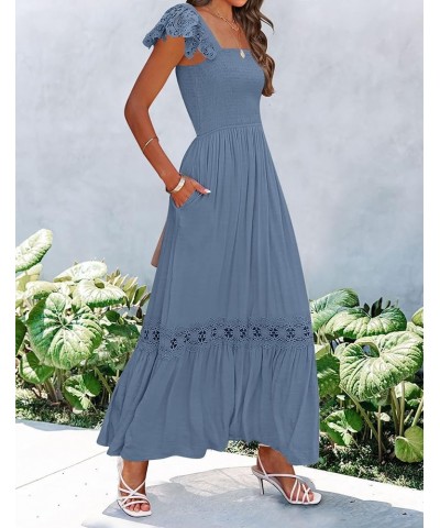 Women's 2024 Summer Lace Strap Sleeveless Square Neck Smocked High Waist Ruffle Hollow Out Flowy A Line Maxi Dress Dustyblue ...