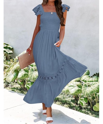 Women's 2024 Summer Lace Strap Sleeveless Square Neck Smocked High Waist Ruffle Hollow Out Flowy A Line Maxi Dress Dustyblue ...