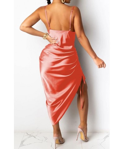 Women's Summer Sexy Ruched Midi Dress Adjustable Spaghetti Strap Bodycon Drawstring Side Slit Slip Party Clubwear A-orange $9...