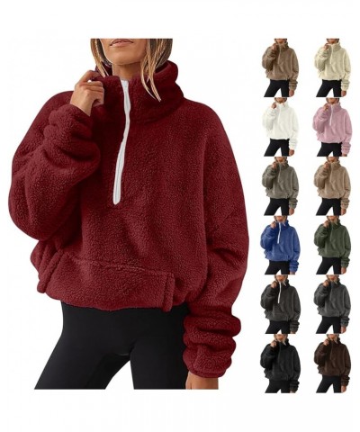 Womens Sherpa Pullover Oversized Half Zip Sweatshirt Sweater Fuzzy Fleece Long Sleeve Quarter Zip Pullover with Pocket M001-b...