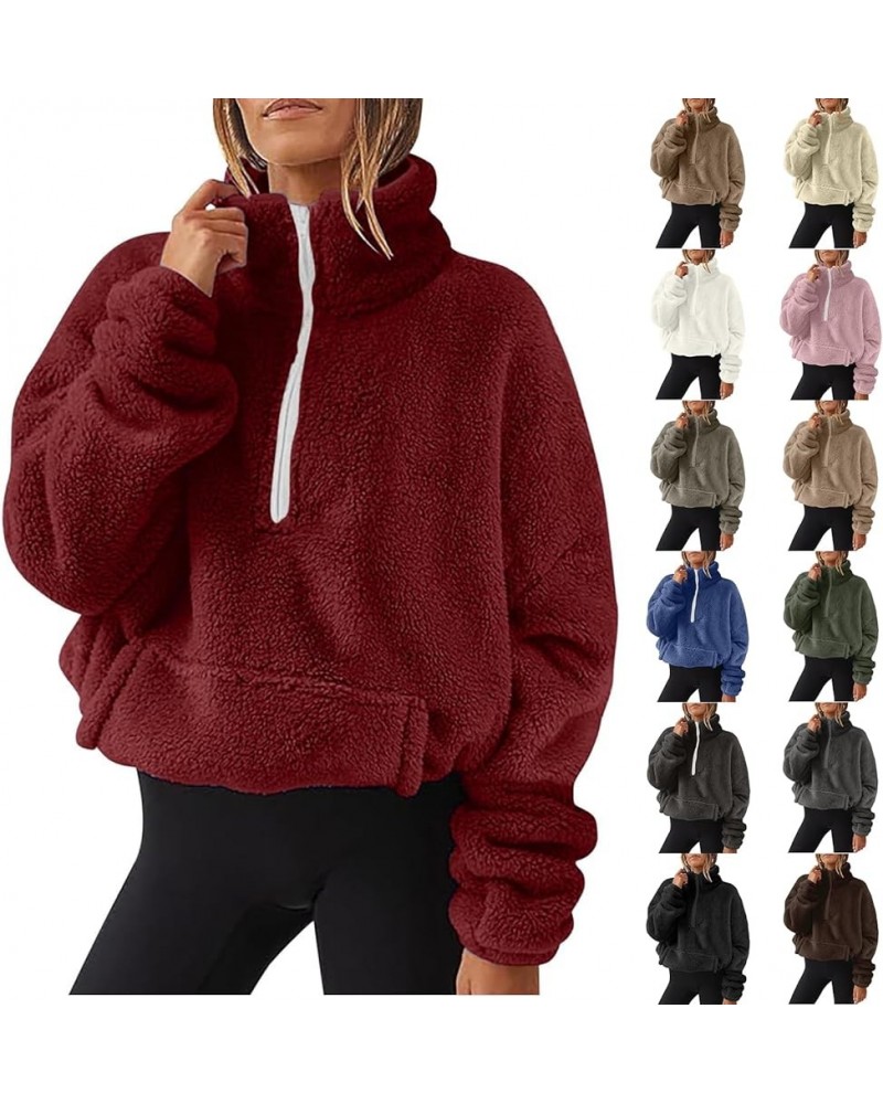 Womens Sherpa Pullover Oversized Half Zip Sweatshirt Sweater Fuzzy Fleece Long Sleeve Quarter Zip Pullover with Pocket M001-b...