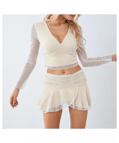 Women Sexy 2 Piece Ruffle Mini Skirt Set Lace Sheer Long Sleeve Crop Top and Frilly Pleated Mini Skirt Clubwear J-white $10.7...