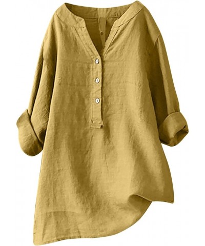 Linen Shirts for Women Long Sleeve Tunic Blouses Plus Size Solid Cotton Linen T Shirt V Neck Button Up Tees Shirts A02-yellow...