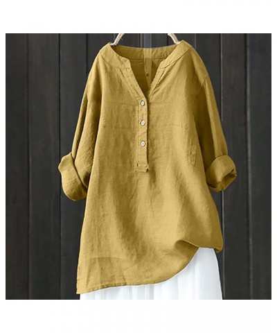 Linen Shirts for Women Long Sleeve Tunic Blouses Plus Size Solid Cotton Linen T Shirt V Neck Button Up Tees Shirts A02-yellow...