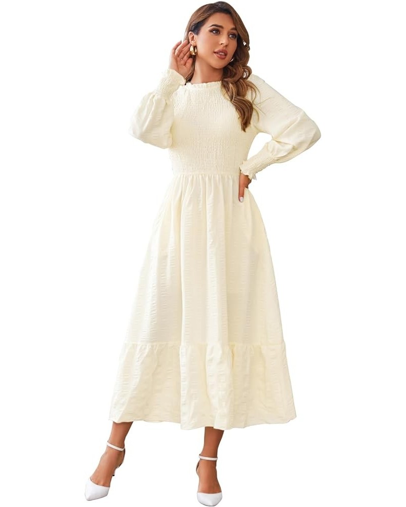 Women's Casual Midi Dress 2024 Spring Fall Long Sleeve Crew Neck Smocked Tiered Flowy Long Dresses with Pockets Beige $25.64 ...