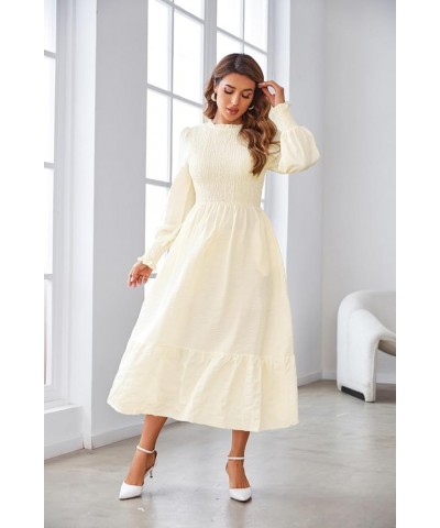 Women's Casual Midi Dress 2024 Spring Fall Long Sleeve Crew Neck Smocked Tiered Flowy Long Dresses with Pockets Beige $25.64 ...