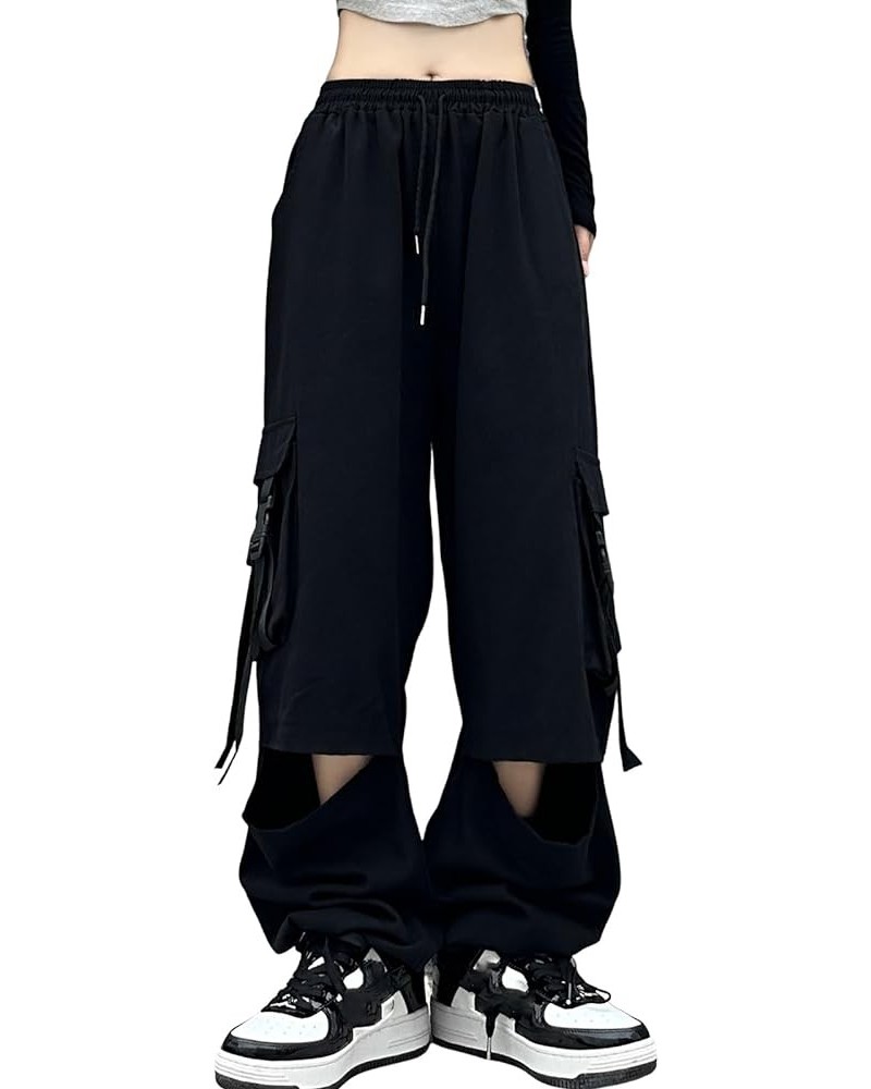 Cargo Pants Women Baggy Y2k Streetwear Wide Leg Pants with Pockets High Waist Drawstring Goth 8814 Black $19.80 Pants