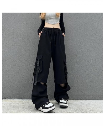 Cargo Pants Women Baggy Y2k Streetwear Wide Leg Pants with Pockets High Waist Drawstring Goth 8814 Black $19.80 Pants