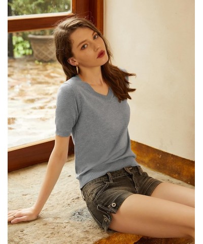 Women's Lightweight Sweater V Neck Short-Sleeved Knitted Top Casual Loose Pullover Grey $13.94 Sweaters