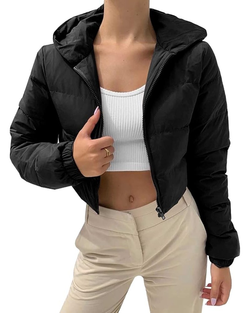 Women's Cropped Puffer Jacket Winter Warm Hooded Quilted Jackets Short Bubble Coat Outerwear Black $20.70 Jackets